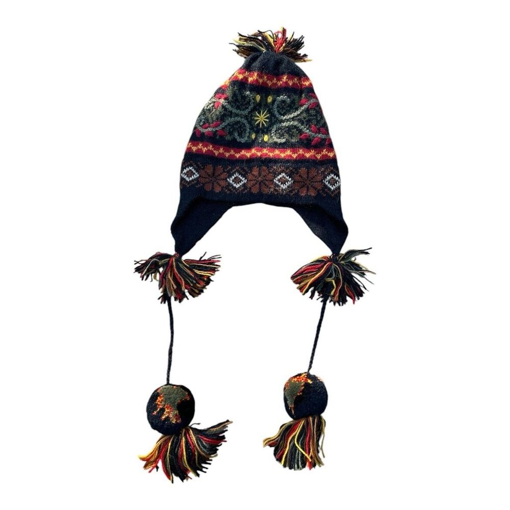 Double D Alpaca Ranch Chullo Hat Peru Black Fair Isle Ear Flap Tassel 50 Alpaca